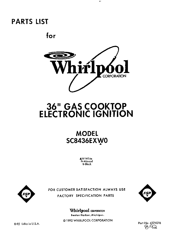 SECTION Diagram and Parts List for SC8436EXW0  Whirlpool Cooktop