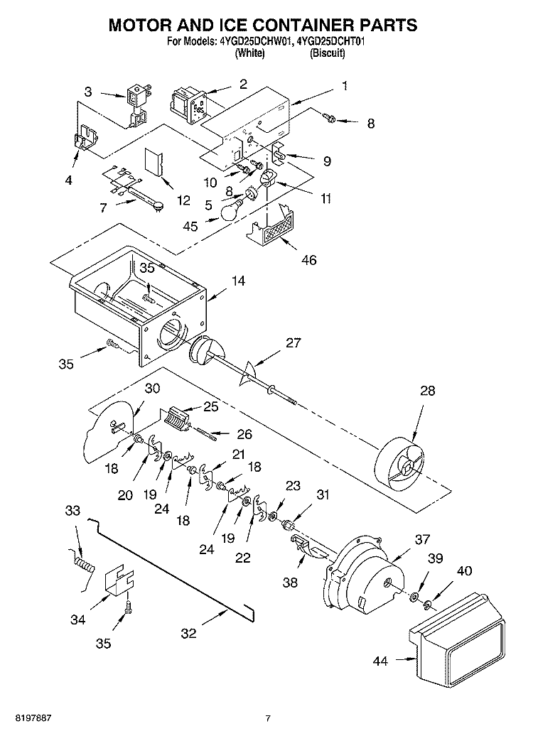 MOTOR AND ICE CONTAINER Diagram and Parts List for 4YGD25DCHW01  Whirlpool Refrigerator