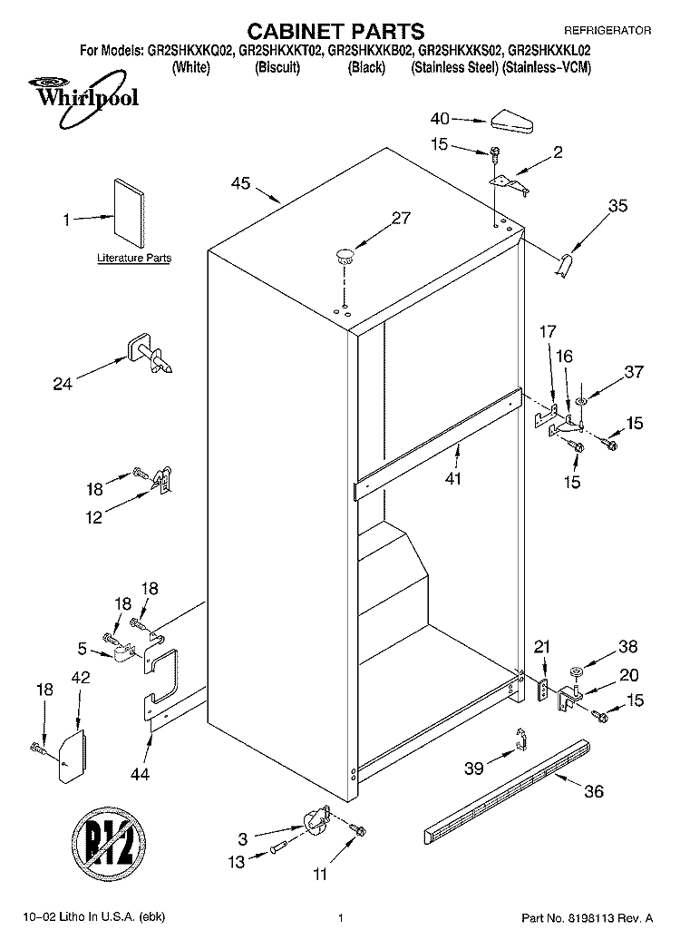 CABINET, LITERATURE Diagram and Parts List for GR2SHKXKT02  Whirlpool Refrigerator