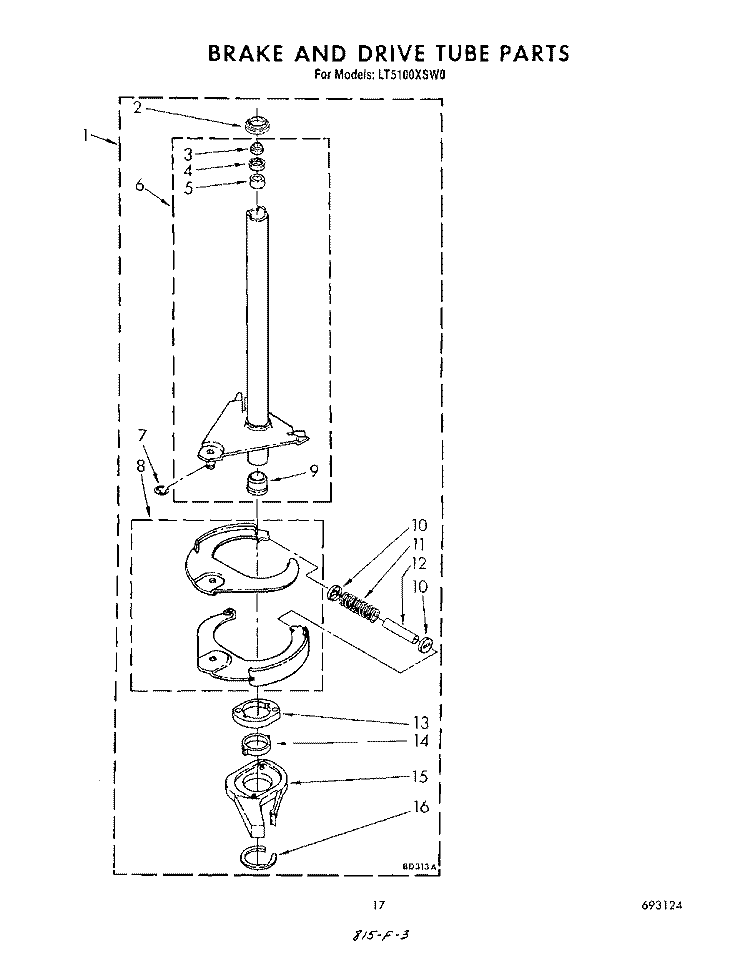 BRAKE AND DRIVE TUBE Diagram and Parts List for LT5100XSW0  Whirlpool Washer Dryer Combo