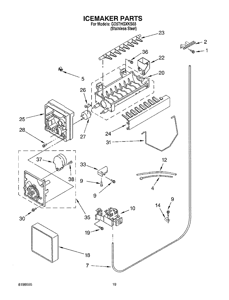 ICEMAKER PARTS Diagram and Parts List for GD5THGXKS03  Whirlpool Refrigerator