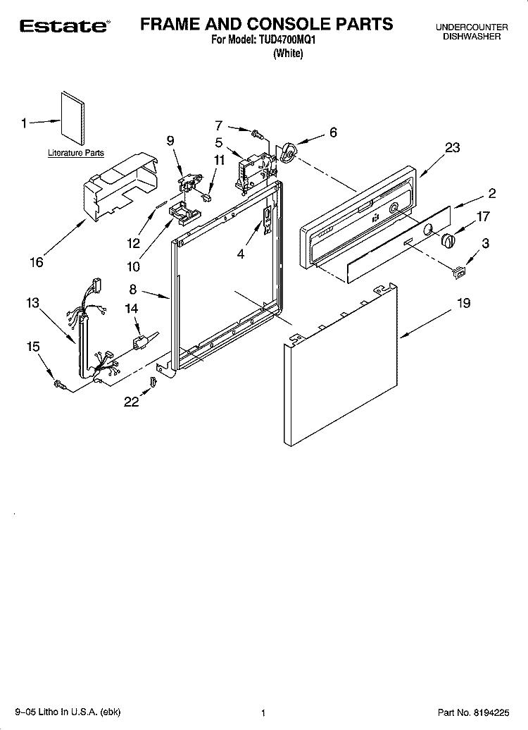 FRAME AND CONSOLE PARTS Diagram and Parts List for TUD4700MQ1  Estate Dishwasher