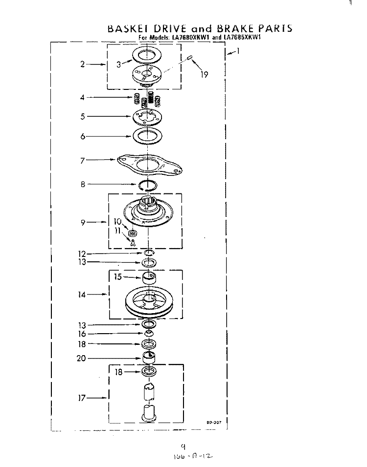 BASKET DRIVE AND BRAKE Diagram and Parts List for LA7680XKW1  Whirlpool Washer