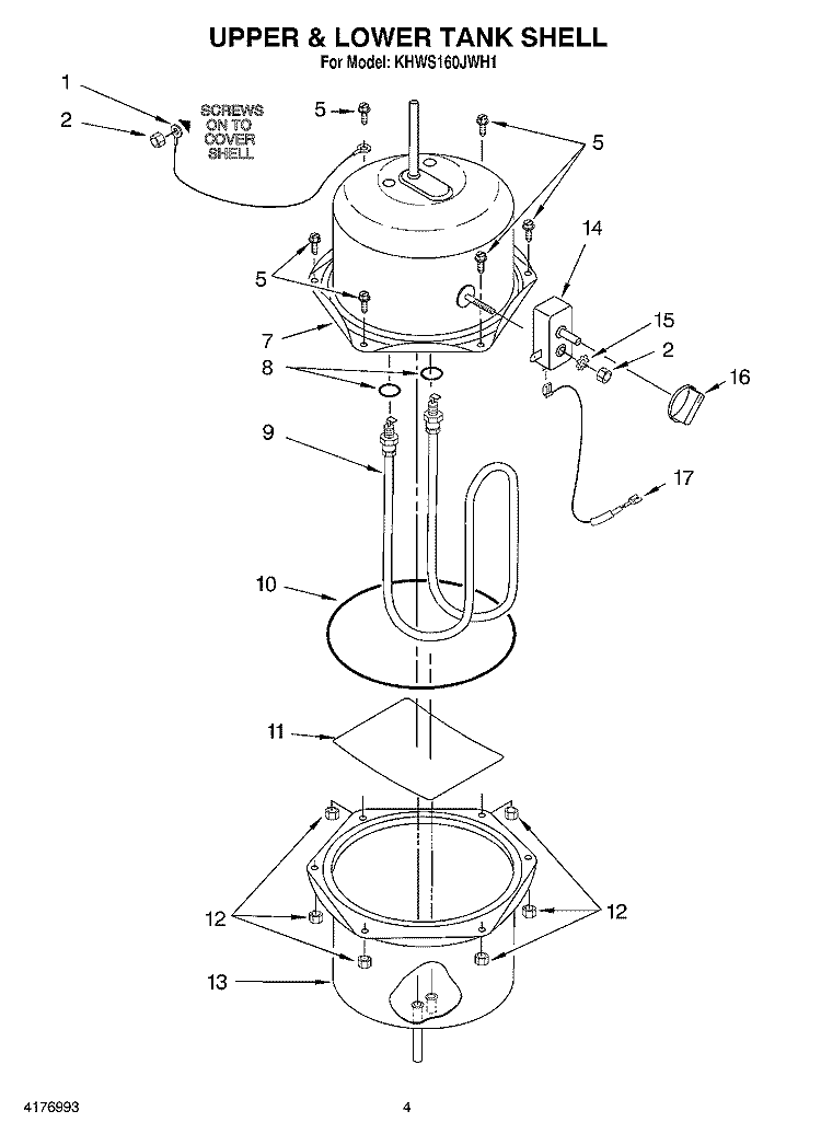 UPPER & LOWER TANK SHELL Diagram and Parts List for KHWS160JWH1  KitchenAid Miscellaneous
