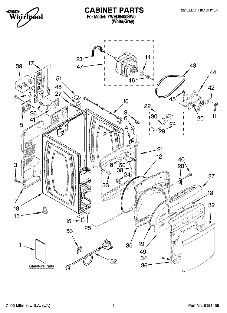 CABINET PARTS Diagram and Parts List for YWED6400SW0  Whirlpool Dryer