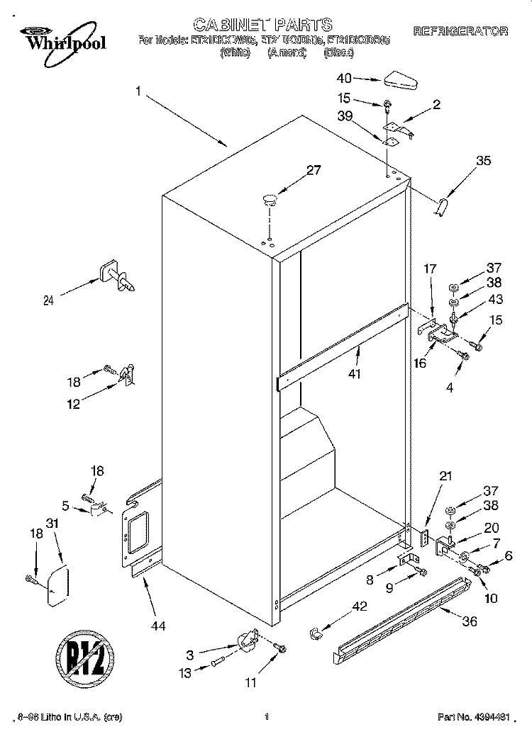 CABINET Diagram and Parts List for ET21DKXDW05  Whirlpool Refrigerator