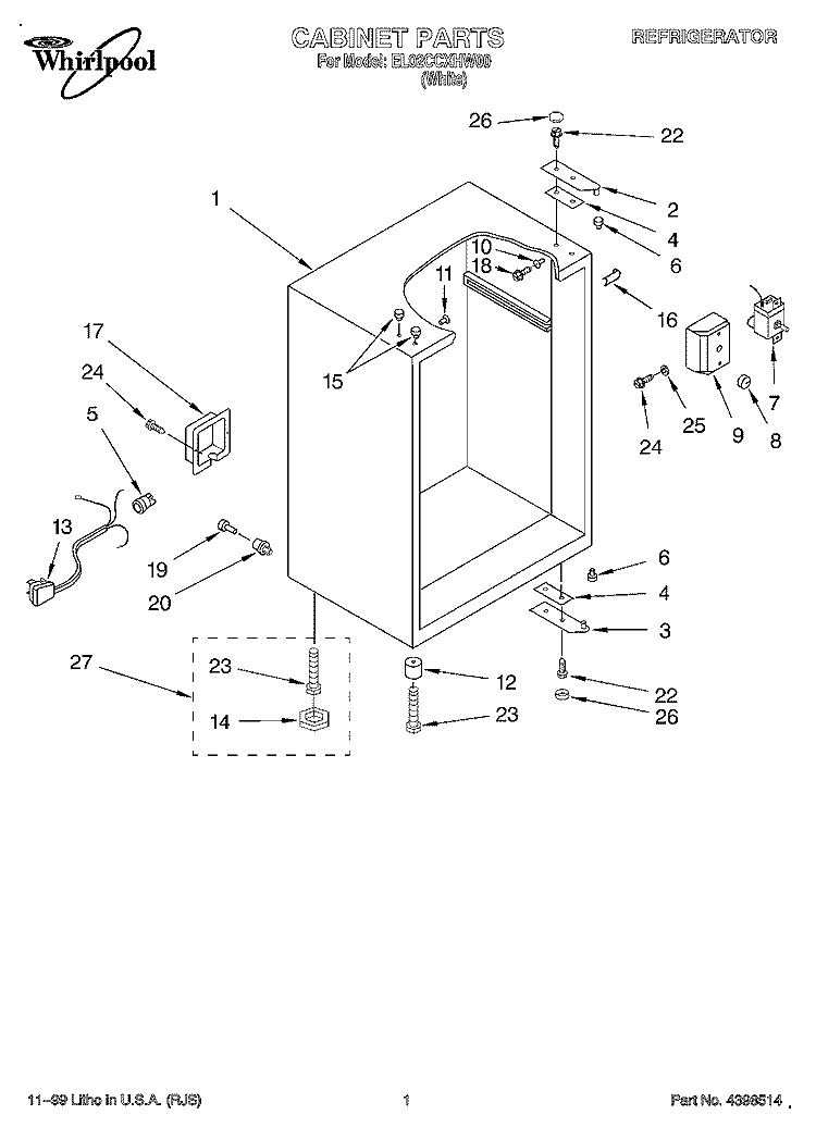 CABINET Diagram and Parts List for EL02CCXHW00  Whirlpool Refrigerator