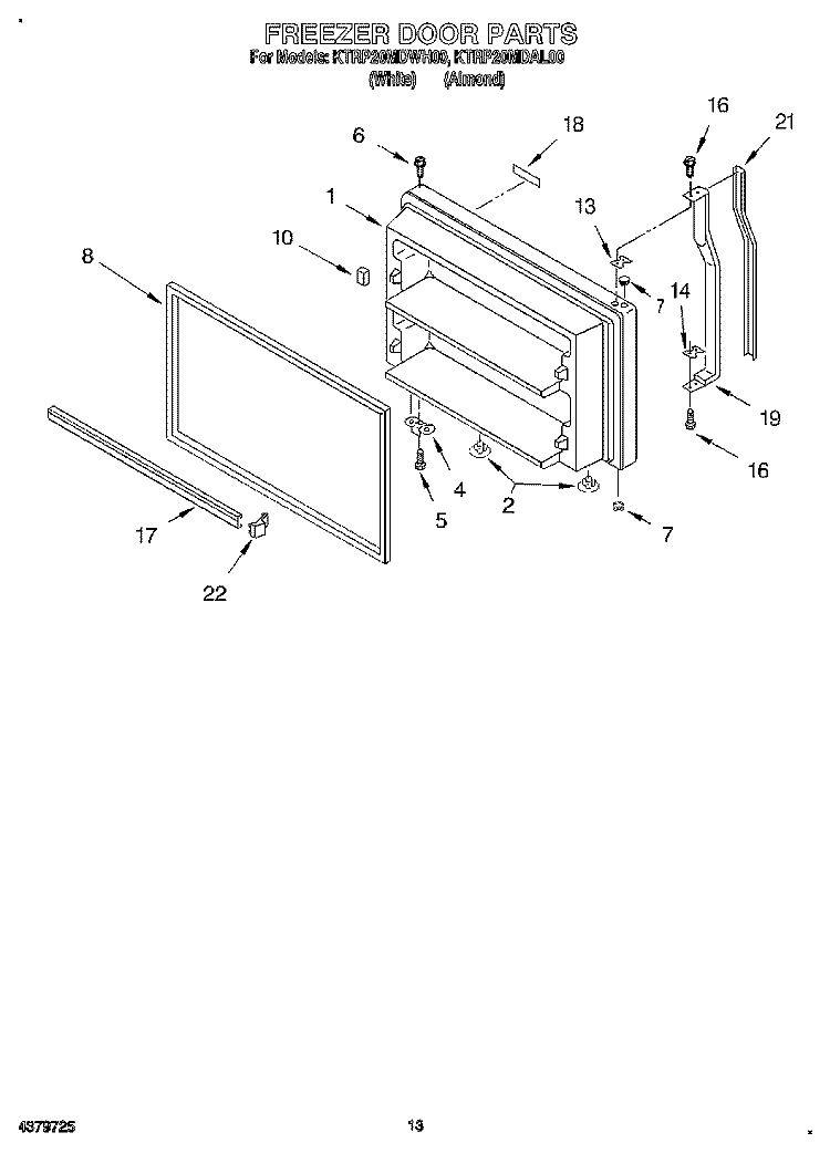 FREEZER DOOR, LIT/OPTIONAL Diagram and Parts List for KTRP20MDWH00  Whirlpool Refrigerator