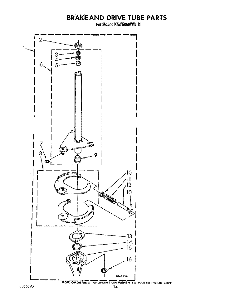 BRAKE AND DRIVE TUBE Diagram and Parts List for KAWE860WAL1  KitchenAid Washer