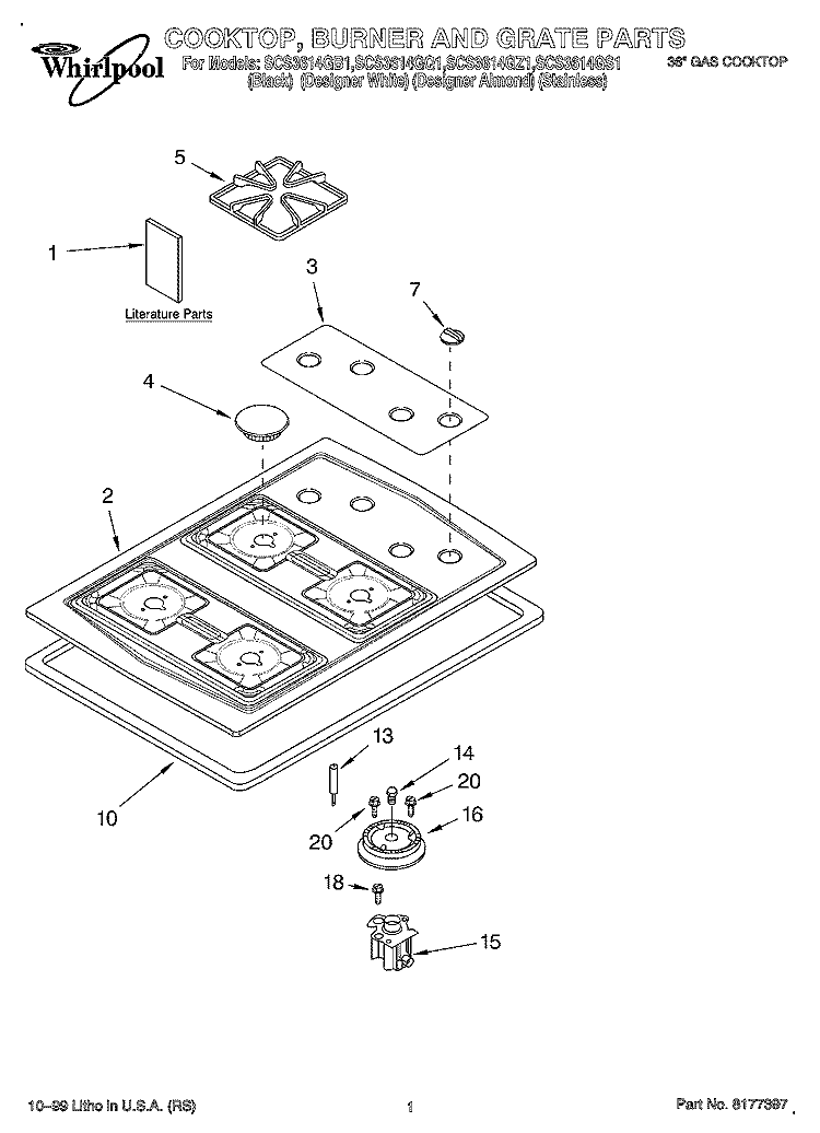 COOKTOP, BURNER AND GRATE Diagram and Parts List for SCS3614GB1  Whirlpool Cooktop