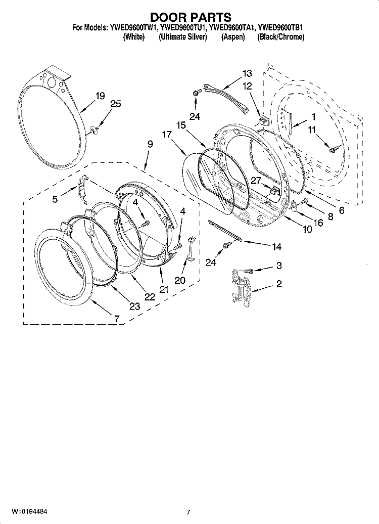 DOOR PARTS, OPTIONAL PARTS (NOT INCLUDED) Diagram and Parts List for YWED9600TU1  Whirlpool Dryer