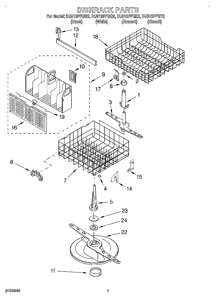 DISHRACK Diagram and Parts List for DU912PFGT2  Whirlpool Dishwasher