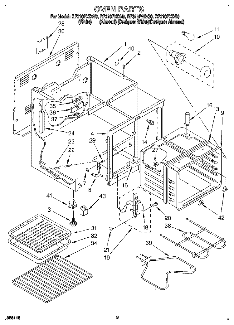 OVEN Diagram and Parts List for RF310PXDN0  Whirlpool Range