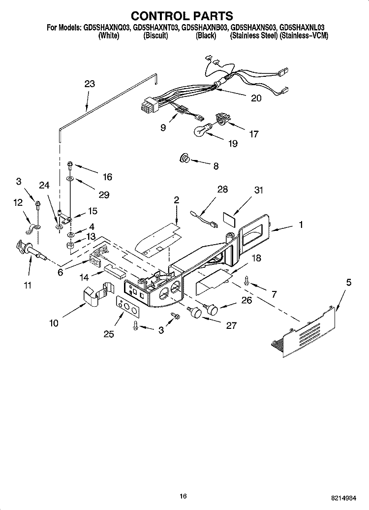 CONTROL PARTS Diagram and Parts List for GD5SHAXNS03  Whirlpool Refrigerator