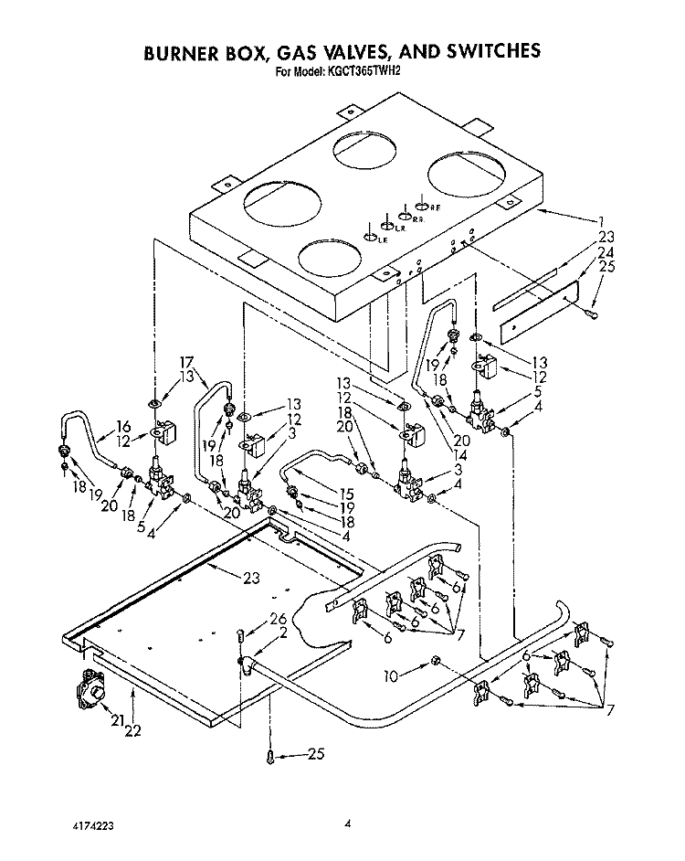 BURNER BOX, GAS VALVES, AND SWITCHES Diagram and Parts List for KGCT365TBL2  KitchenAid Cooktop