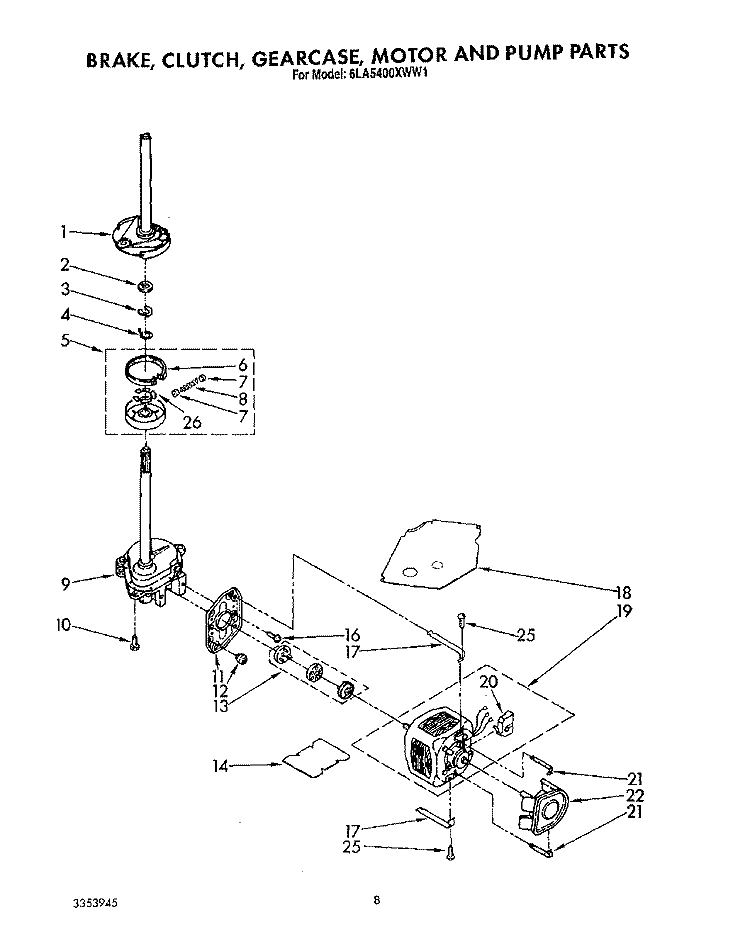 BRAKE, CLUTCH, GEARCASE, MOTOR & PUMP Diagram and Parts List for 6LA5400XWW1  Whirlpool Washer