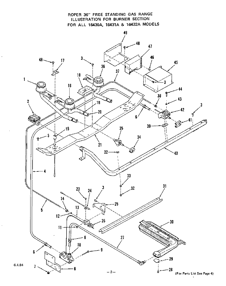BURNER Diagram and Parts List for 1643^1A  Whirlpool Range