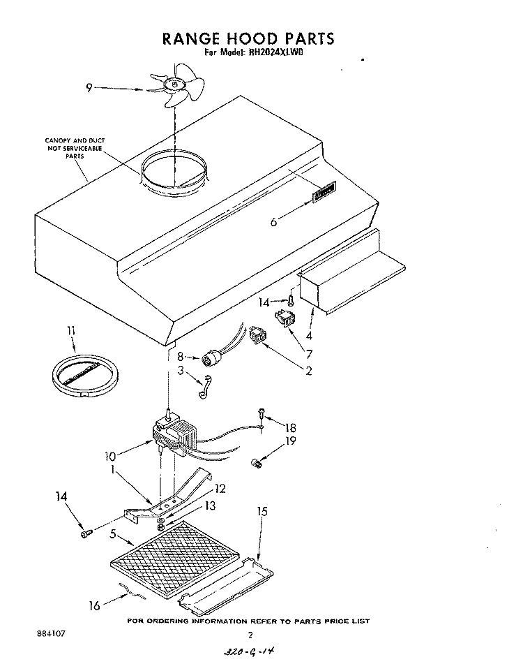 SECTION Diagram and Parts List for RH2024XLW0  Whirlpool Range Hood