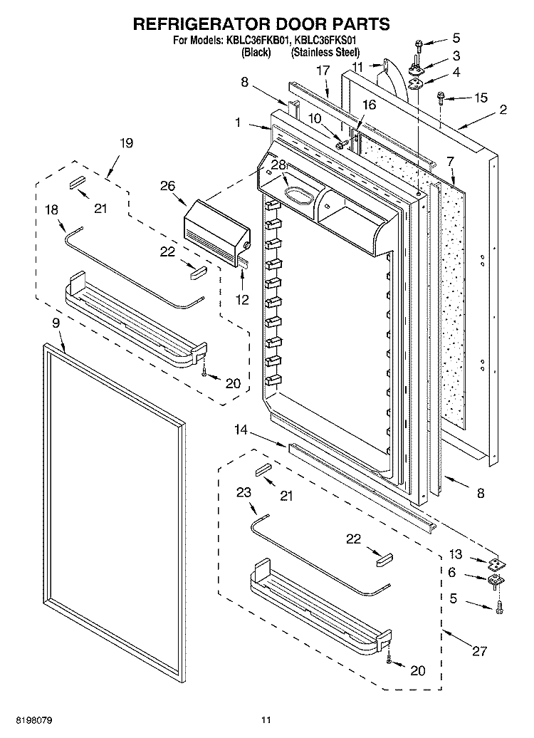 REFRIGERATOR DOOR Diagram and Parts List for KBLC36FKS01  KitchenAid Refrigerator