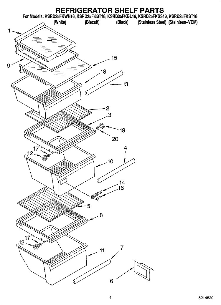 REFRIGERATOR SHELF PARTS Diagram and Parts List for KSRD25FKBT16  KitchenAid Refrigerator
