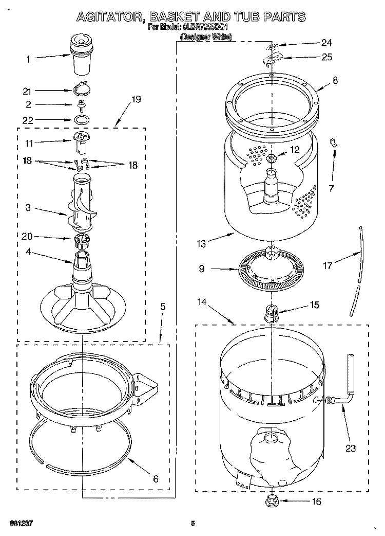 AGITATOR, BASKET AND TUB Diagram and Parts List for 6LBR7255BQ1  Whirlpool Washer