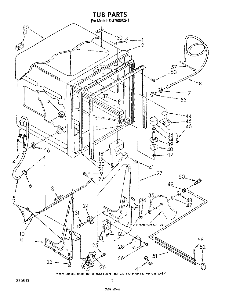 TUB , LIT/OPTIONAL Diagram and Parts List for DU7600XS1  Whirlpool Dishwasher