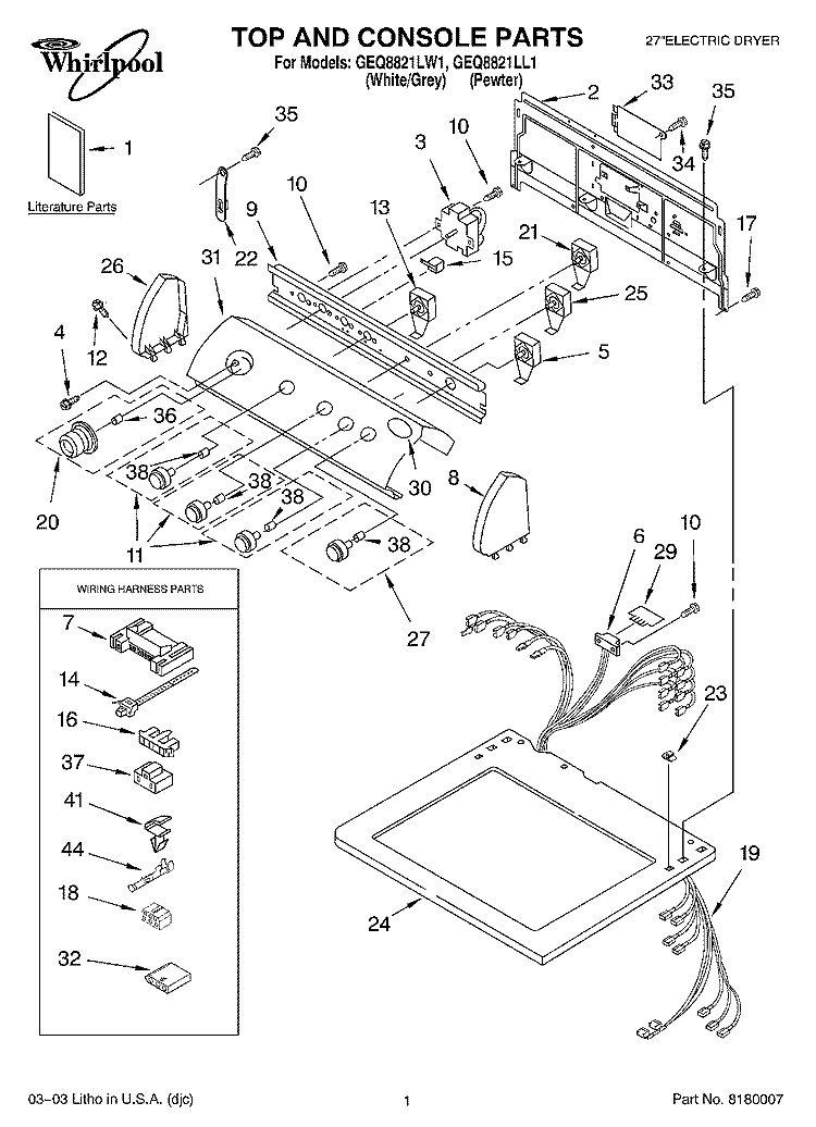 TOP AND CONSOLE PARTS Diagram and Parts List for GEQ8821LL1  Whirlpool Dryer