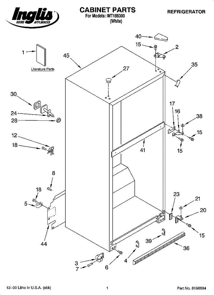 CABINET PARTS Diagram and Parts List for IMT188300  Inglis Refrigerator