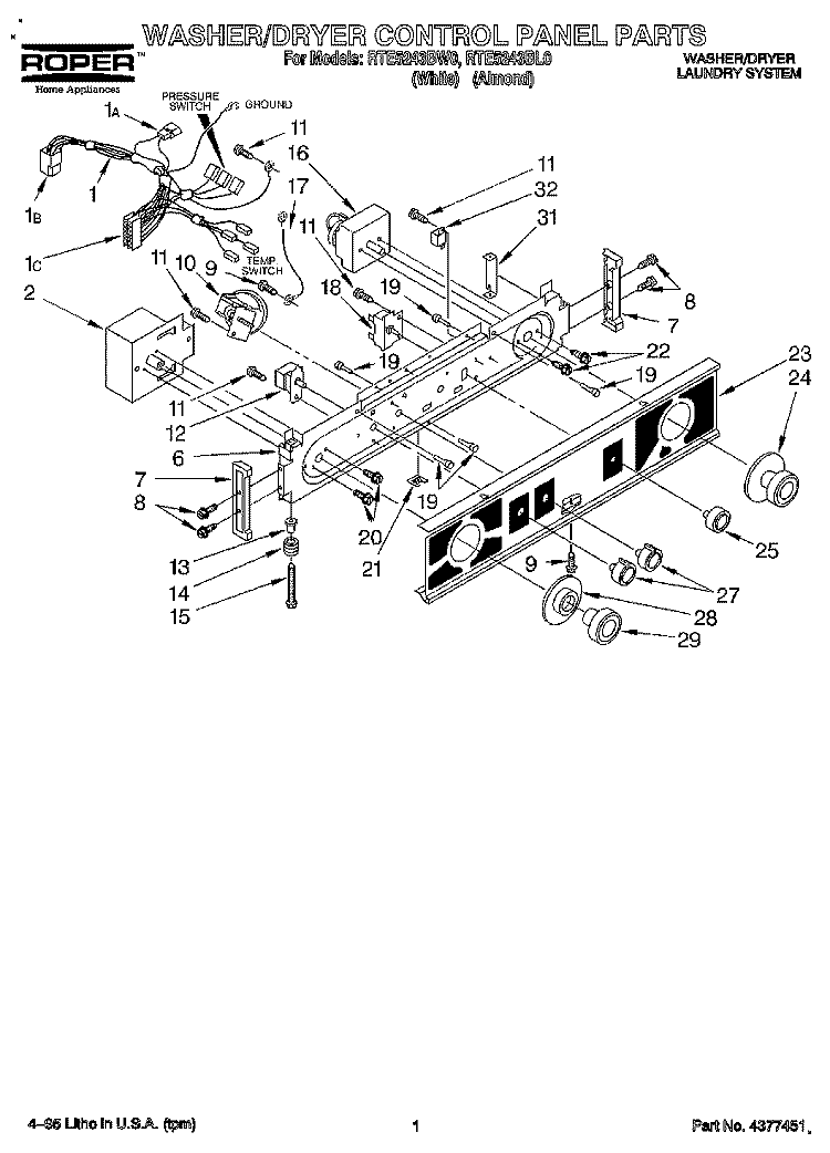 WASHER/DRYER CONTROL PANEL Diagram and Parts List for RTE5243BW0  Roper Washer Dryer Combo