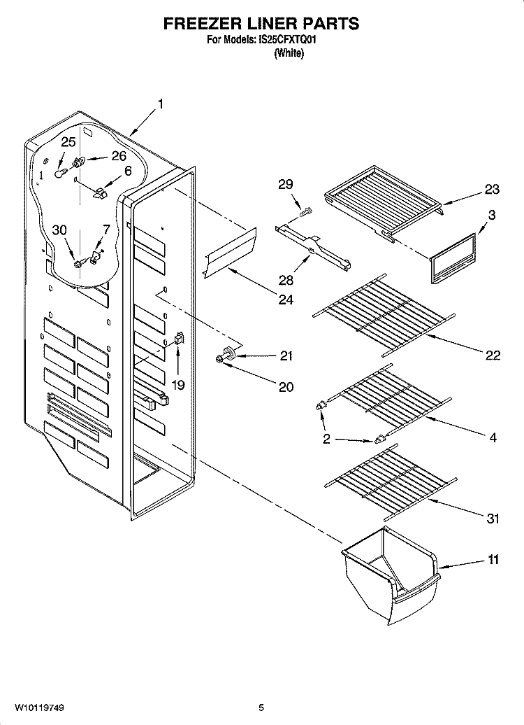 FREEZER LINER PARTS Diagram and Parts List for IS25CFXTQ01  Inglis Refrigerator