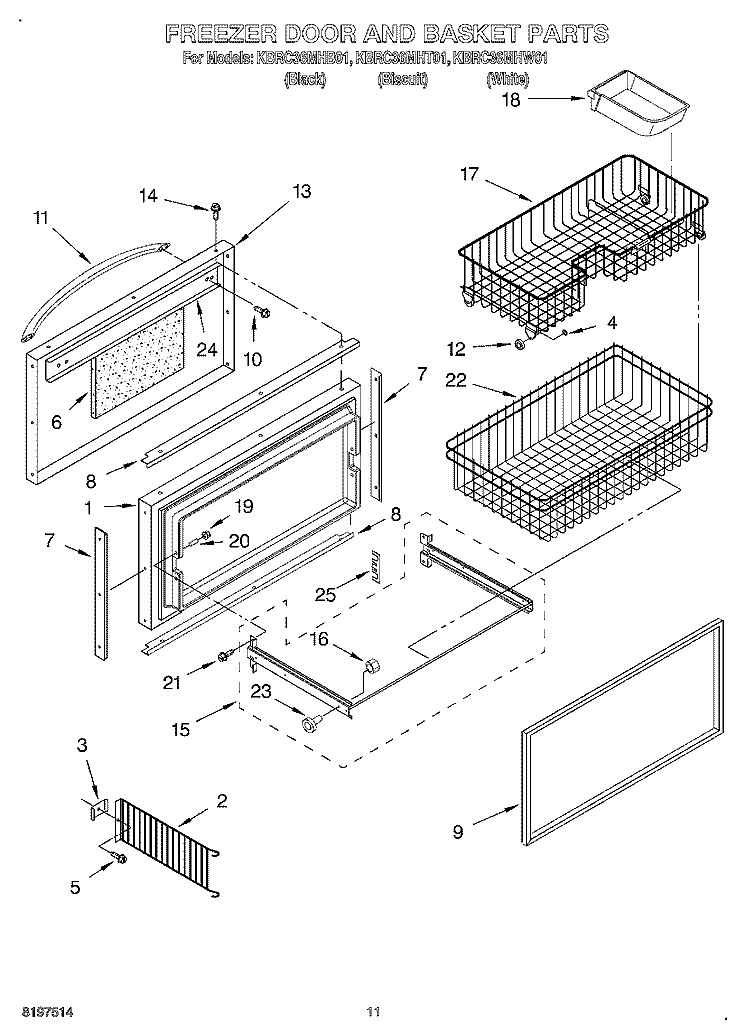 FREEZER DOOR AND BASKET Diagram and Parts List for KBRC36MHT01  KitchenAid Refrigerator