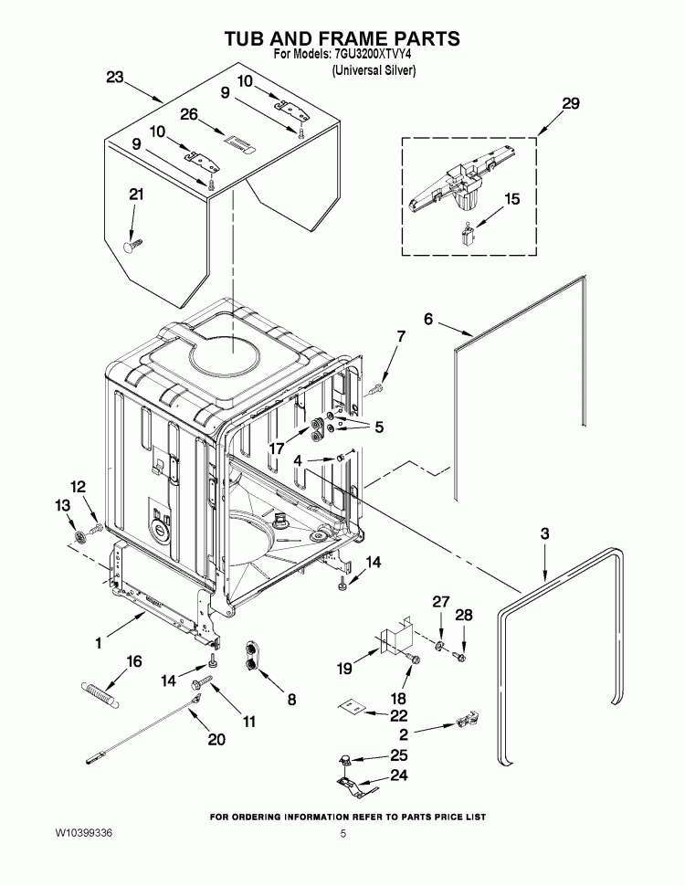 TUB AND FRAME PARTS Diagram and Parts List for 7GU3200XTVY4  Whirlpool Dishwasher