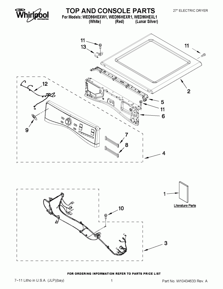 TOP AND CONSOLE PARTS Diagram and Parts List for WED95HEXL1  Whirlpool Dryer