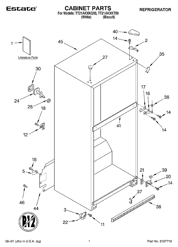 CABINET, LITERATURE Diagram and Parts List for TT21AKXKQ00  Estate Refrigerator