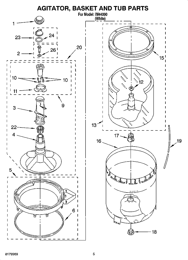 AGITATOR, BASKET AND TUB PARTS Diagram and Parts List for IM44000  Inglis Washer