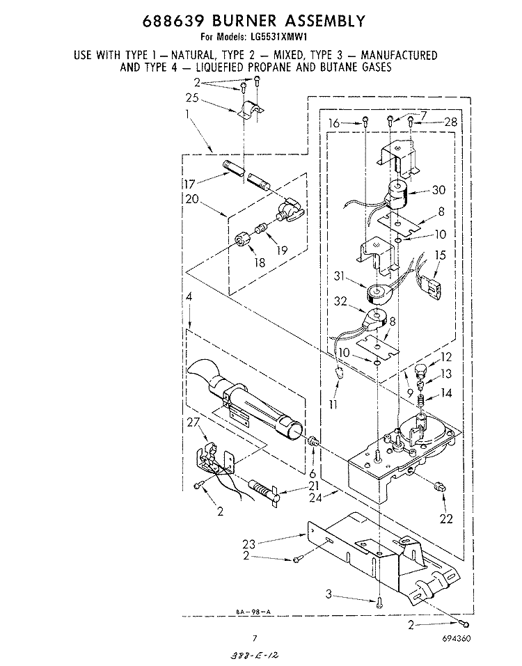 688639 BURNER Diagram and Parts List for LG5531XMW1  Whirlpool Dryer