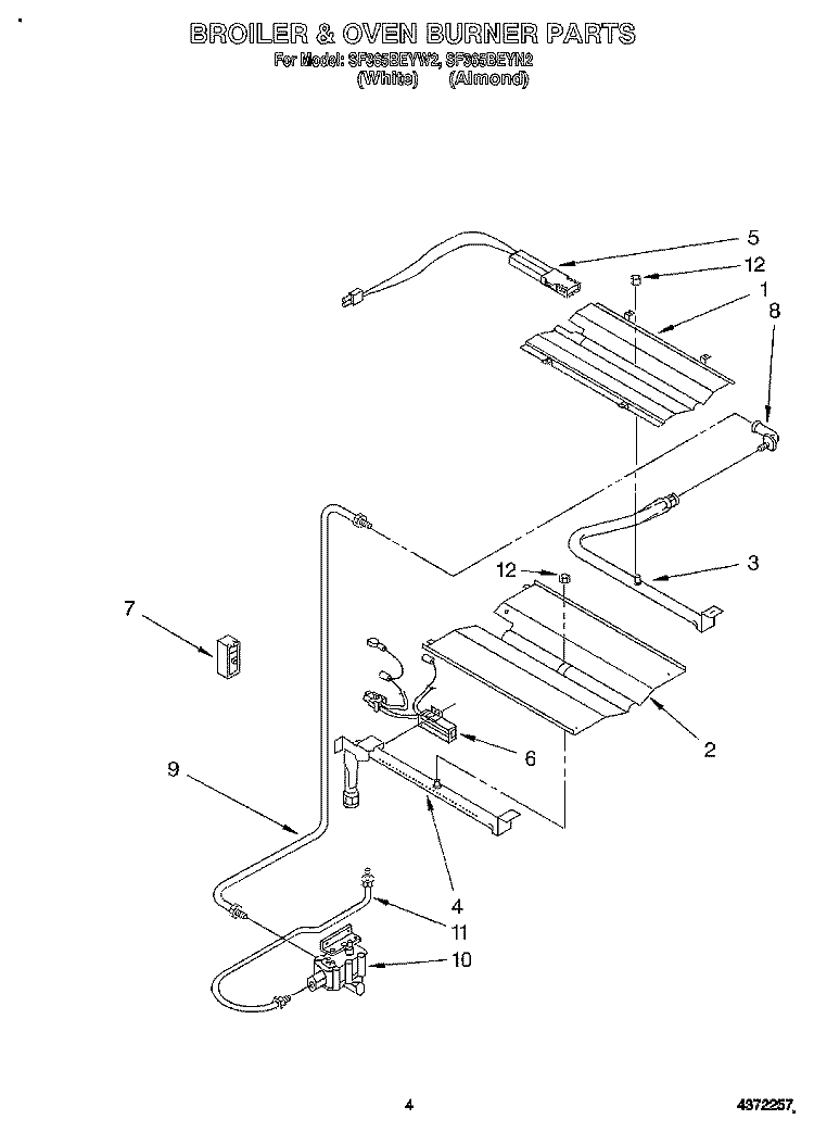 BROILER & OVEN BURNER Diagram and Parts List for SF365BEYN2  Whirlpool Range
