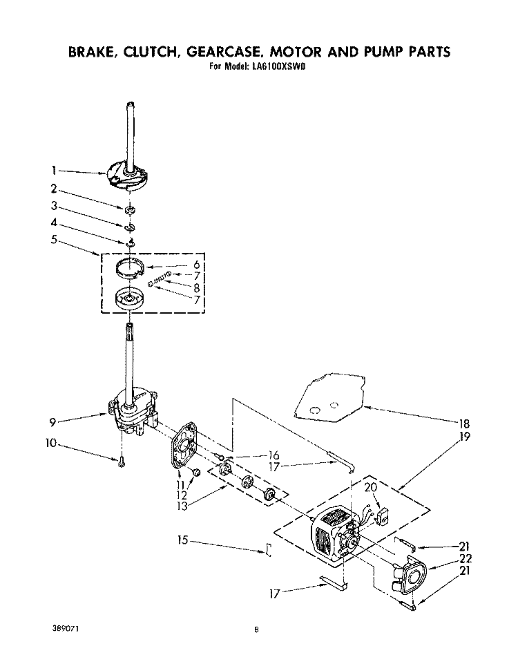 BRAKE, CLUTCH, GEARCASE, MOTOR AND PUMP Diagram and Parts List for LA6100XSW0  Whirlpool Washer