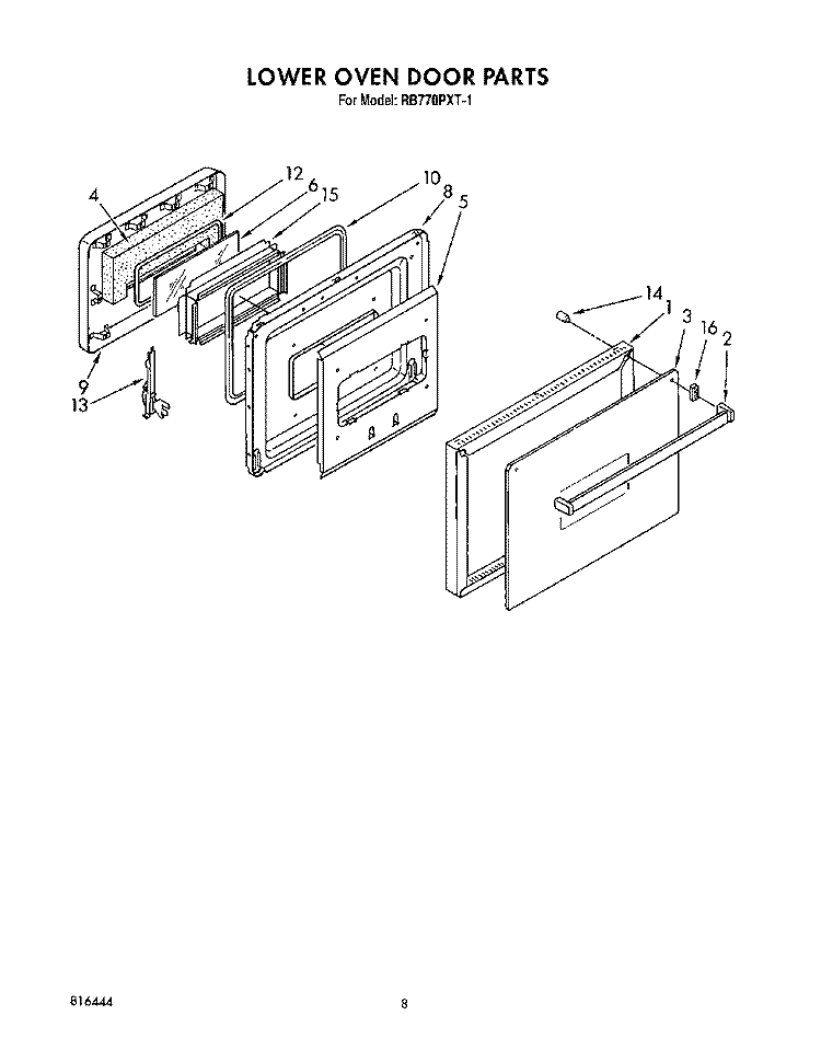 LOWER OVEN DOOR Diagram and Parts List for RB770PXT1  Whirlpool Range