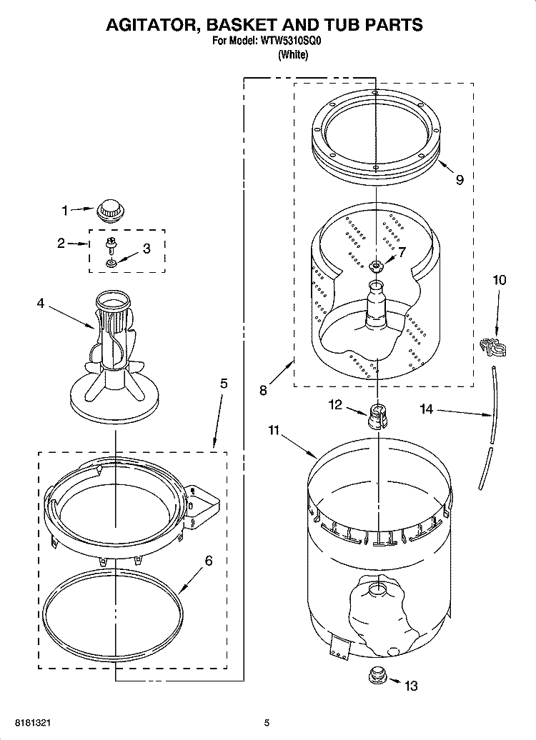 AGITATOR, BASKET AND TUB PARTS Diagram and Parts List for WTW5310SQ0  Whirlpool Washer