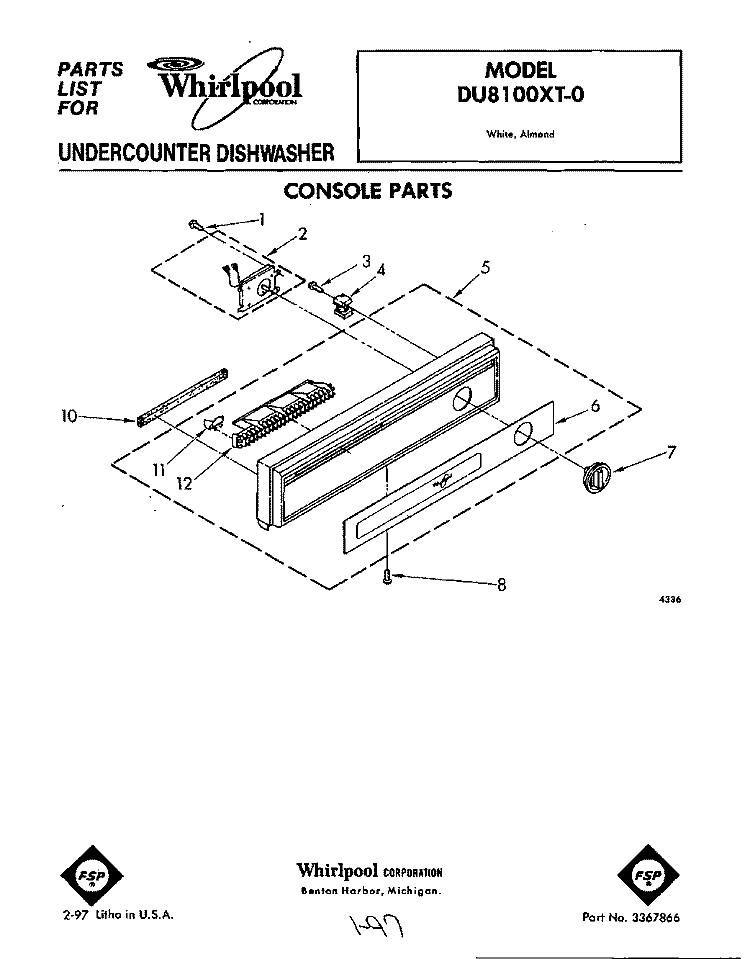 CONSOLE Diagram and Parts List for DU8100XT0  Whirlpool Dishwasher
