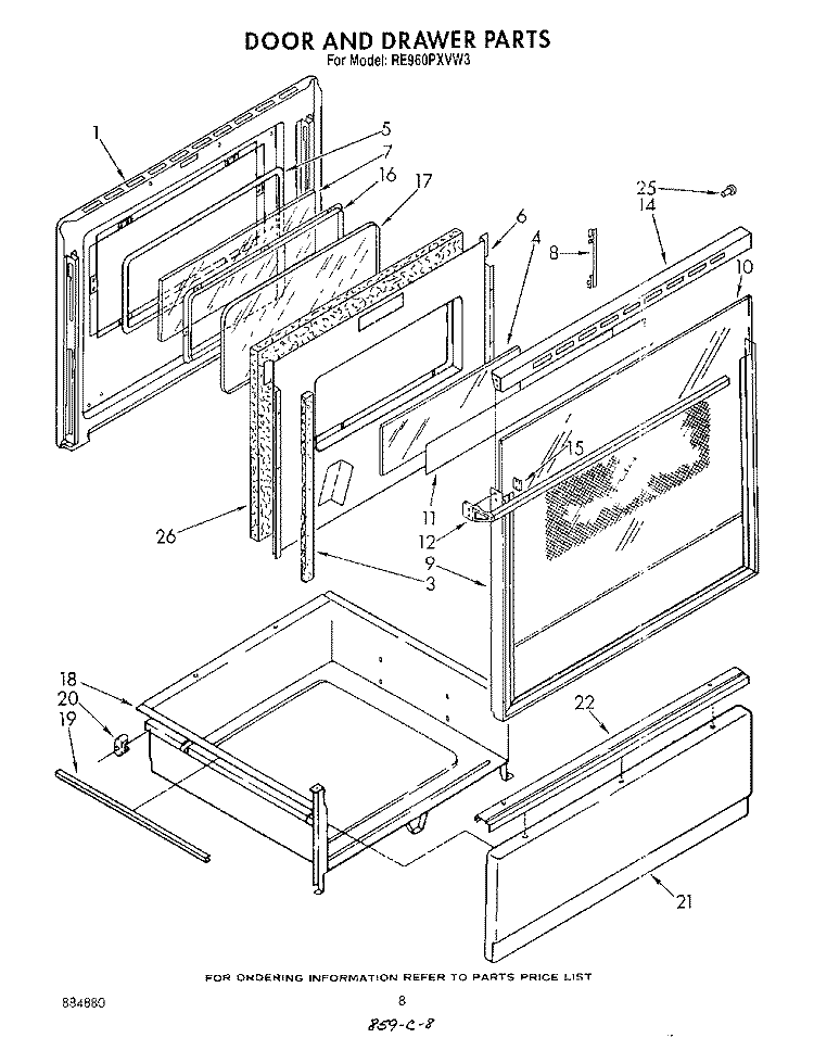 DOOR AND DRAWER Diagram and Parts List for RE960PXVN3  Whirlpool Range