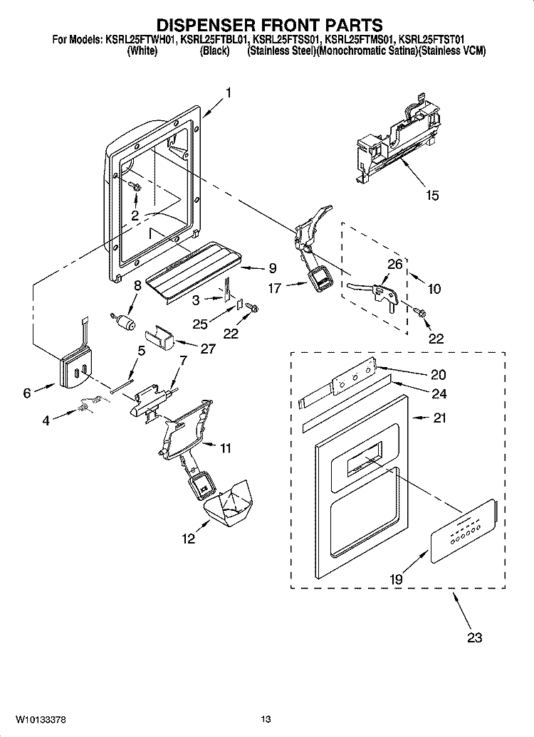 DISPENSER FRONT PARTS Diagram and Parts List for KSRL25FTSS01  KitchenAid Refrigerator