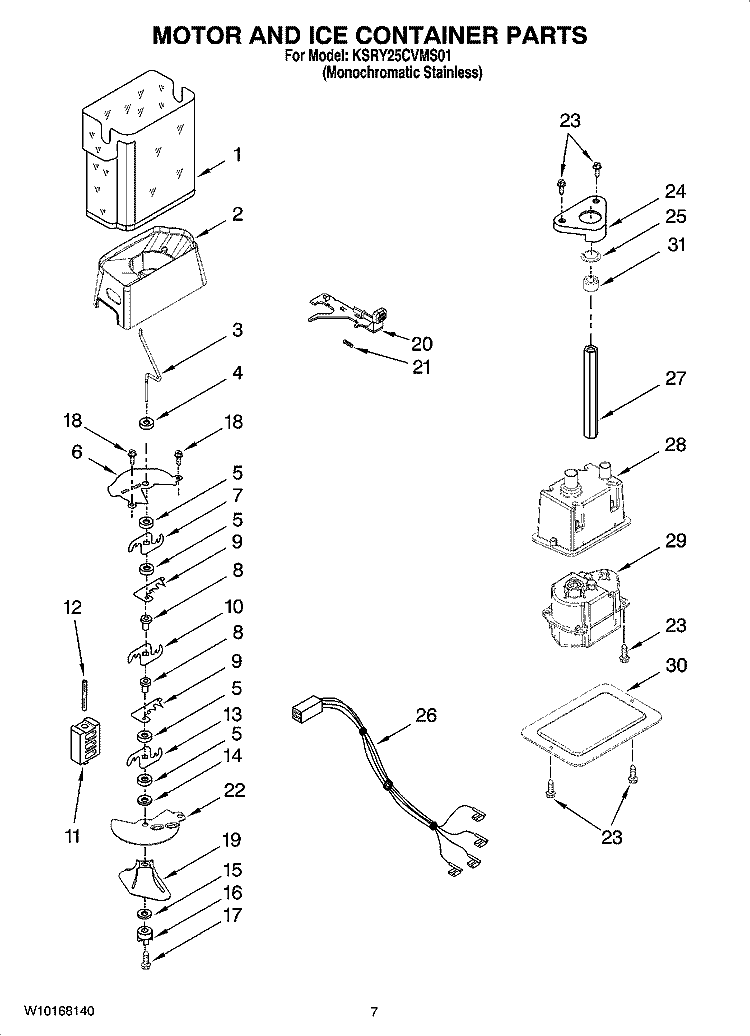 MOTOR AND ICE CONTAINER PARTS Diagram and Parts List for KSRY25CVMS01  KitchenAid Refrigerator