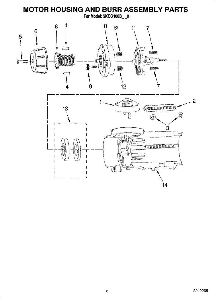 MOTOR HOUSING AND BURR ASSEMBLY PARTS Diagram and Parts List for 5KCG100BAC0  KitchenAid Coffee Grinder