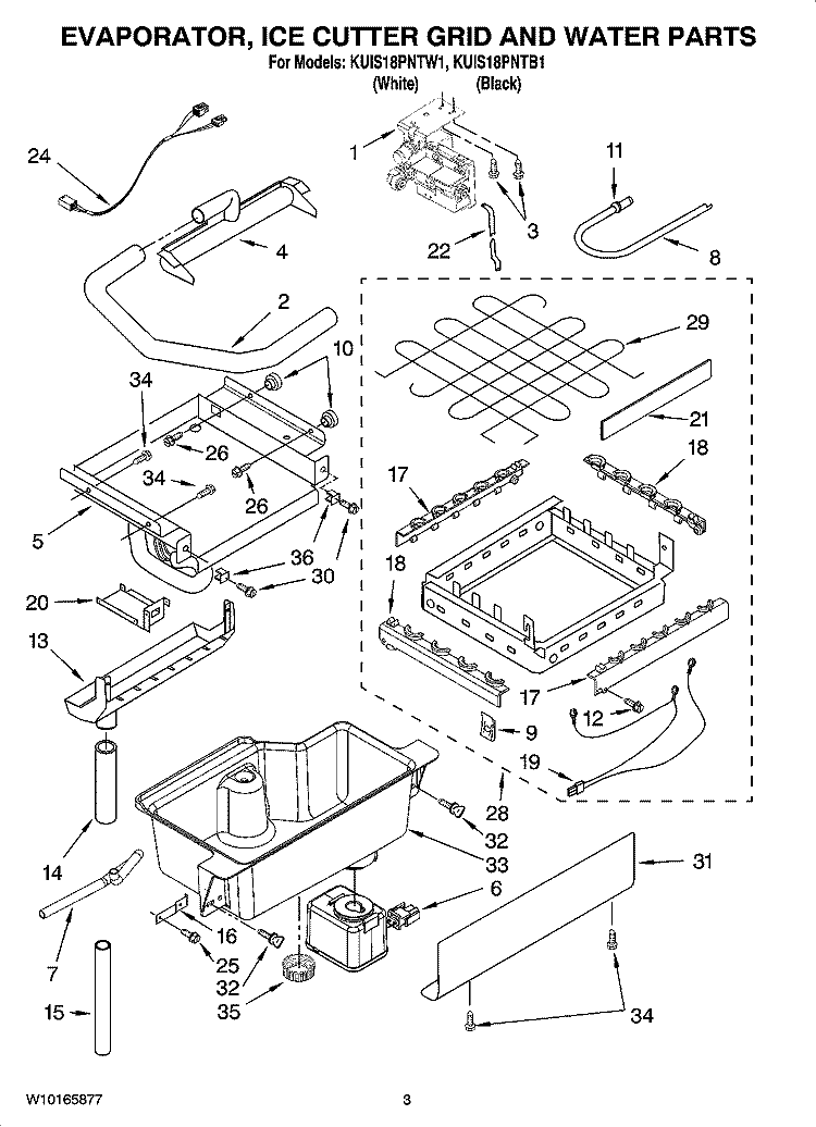 EVAPORATOR, ICE CUTTER GRID AND WATER PARTS Diagram and Parts List for KUIS18PNTB1  KitchenAid Ice Maker