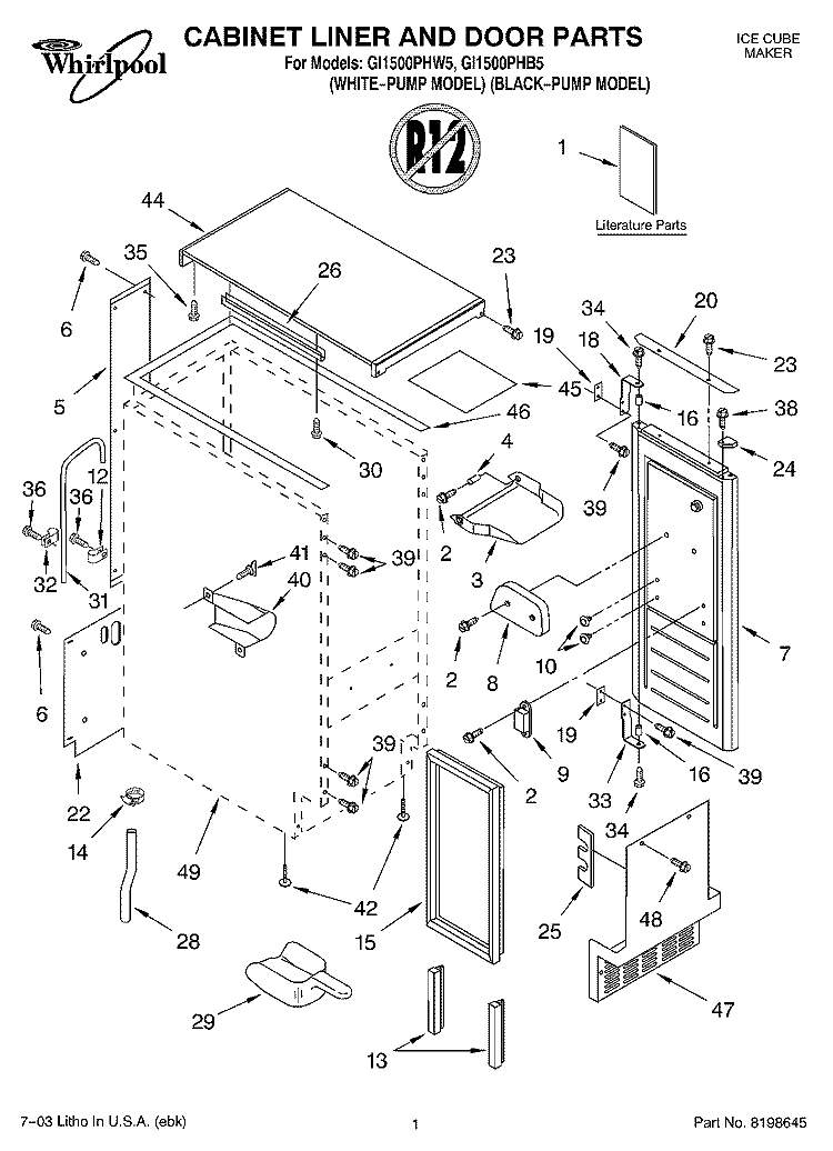 CABINET LINER AND DOOR PARTS Diagram and Parts List for GI1500PHB5  Whirlpool Ice Maker