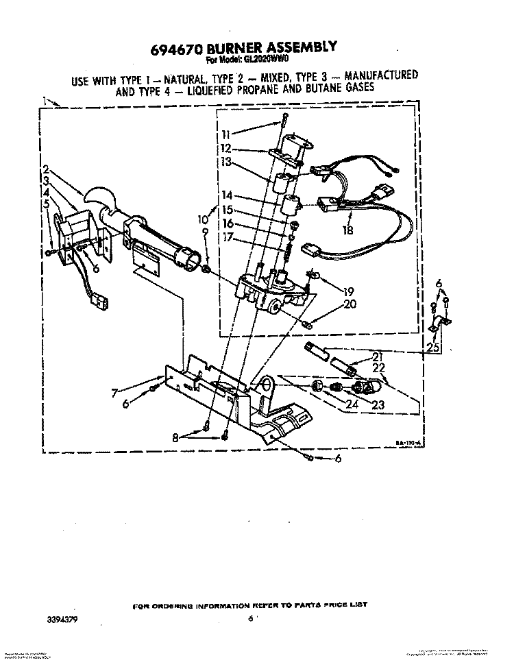 694670 BURNER ASSEMBLY Diagram and Parts List for GL2020WW0  Roper Dryer