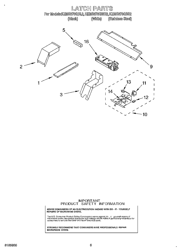 LATCH Diagram and Parts List for KEMS378GBL2  KitchenAid Microwave Oven Combo