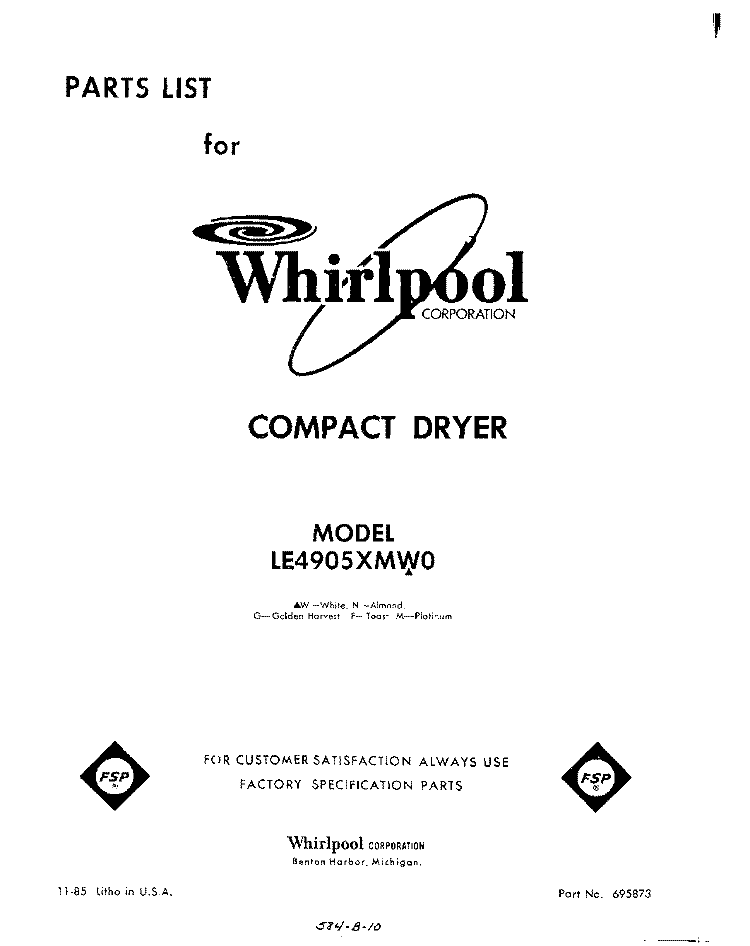 SECTION Diagram and Parts List for LE4905XMW0  Whirlpool Dryer